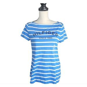 Tommy Hilfiger Blue & White Nautical Striped Boatneck Shirt Silver Epaulets S